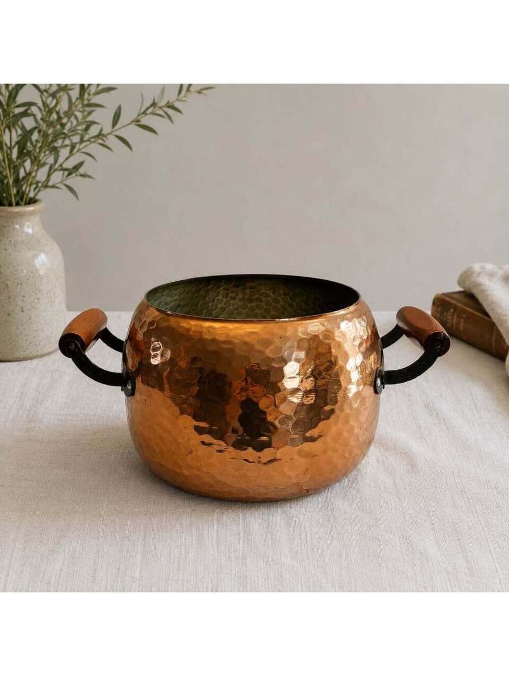 Vintage Hammered Copper Pot Wrought Iron Wood Handles Rustic Country Kitchen